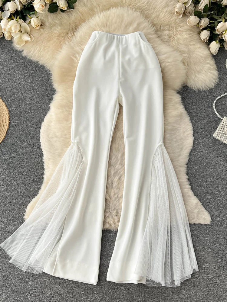 Mesh Spliced Y2k Pants for Women Spring 2023 High Waisted Split Solid Wide Leg Flare Pants Fashion Chic Casual Pants