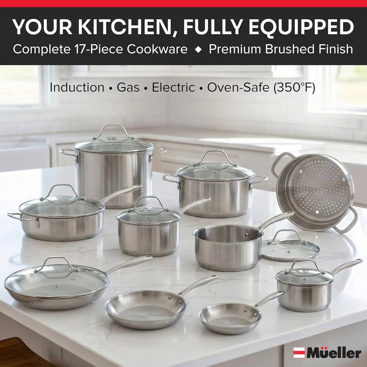 Mueller 17-Piece Stainless Steel Pots and Pans Set – Tri-Ply Ultra-Clad Pro Cookware Set, Induction Ready, Oven Safe, Even-Heat