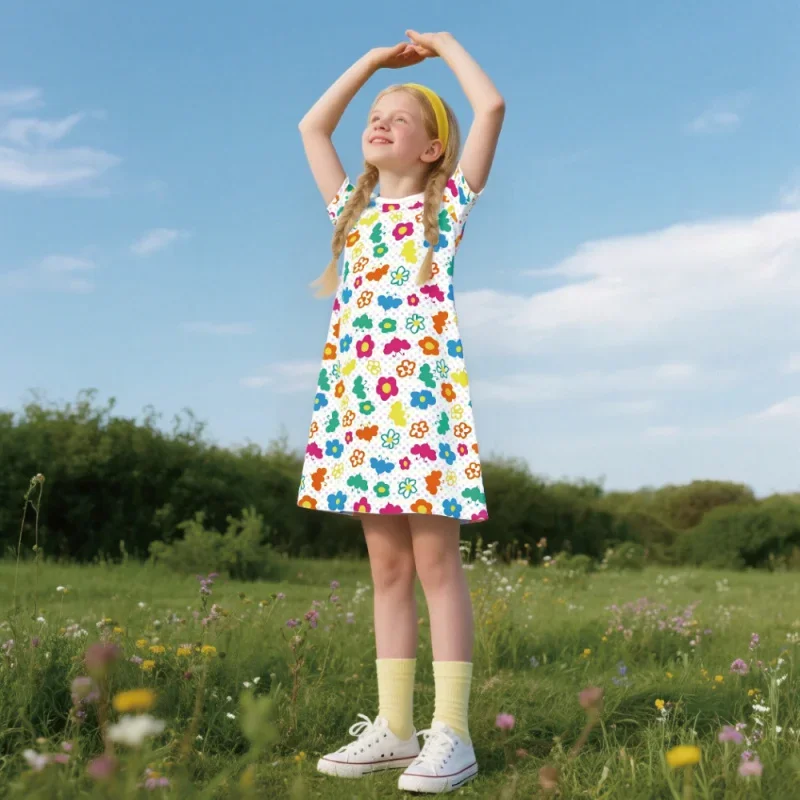 Robe d'été à manches courtes pour filles, imprimé Floral coloré, décontracté, mignon, bohème, vêtements quotidiens et de Camping pour enfants, 2025