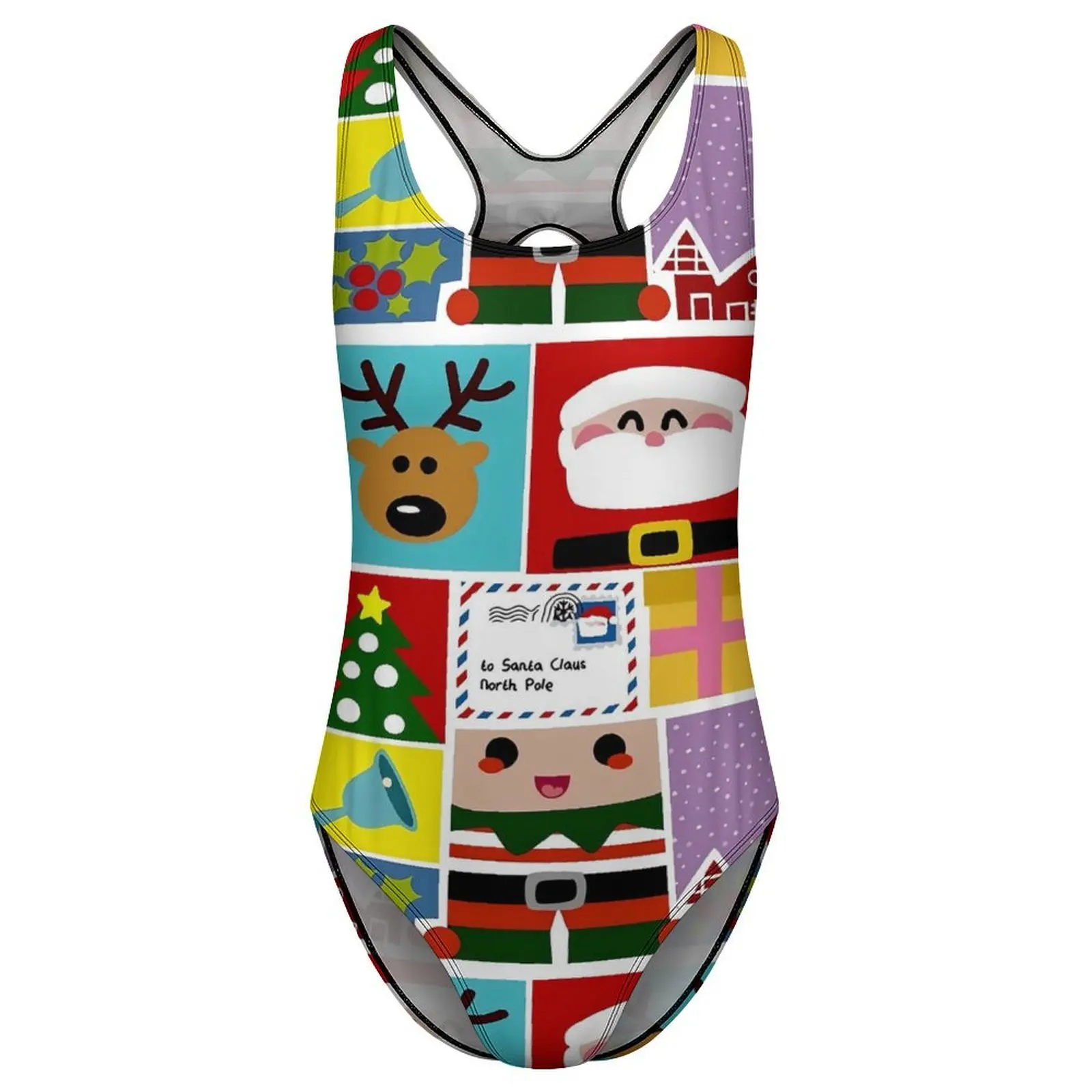 Christmas Swimsuit Xmas Patchwrok Swimwear One Piece Holiday Surf Swimsuits High Cut Bathing Suits Women Push Up Sexy Beach Wear