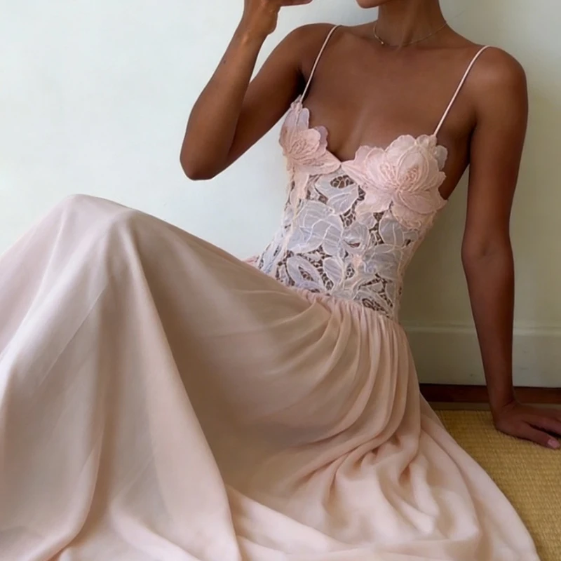 

2026 New Womens Sexy Low V Neck Sleeveless Maxi Dress Lace Patchwork Chiffon Skirt for Beach Party Summer Casual Holiday Wear