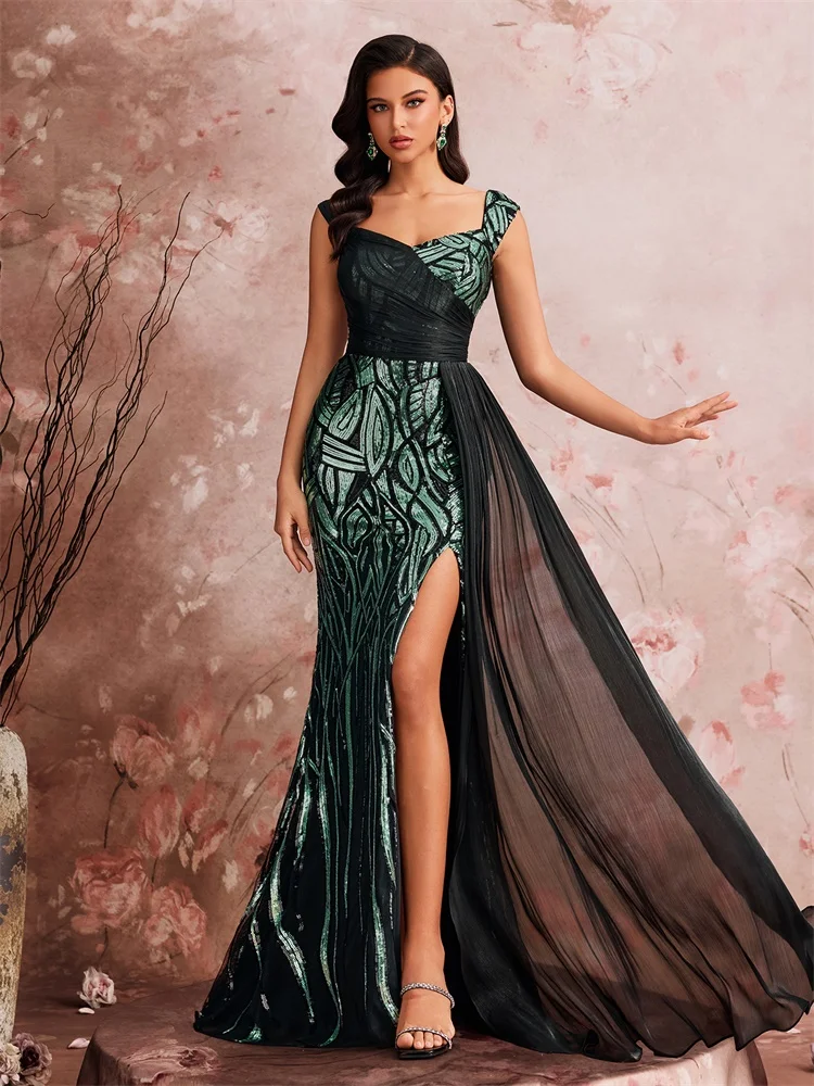Elegante Splice Pailletten Slit Avondjurken Dames Mouwloze Zeemeermin Formele Luxe Party Streamer Cocktailjurken