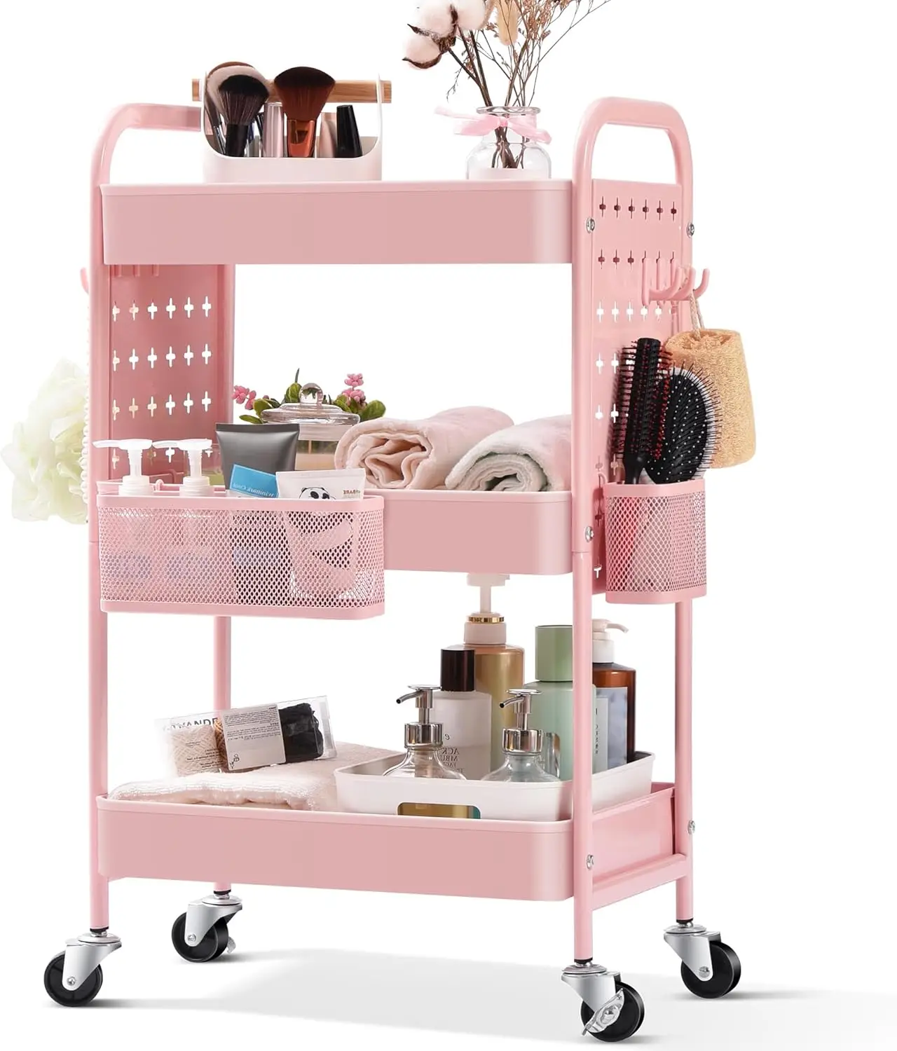 

3-Tier Rolling Cart, Metal Utility Storage Cart with DIY Pegboards, Art Craft Trolley with Baskets Hooks, Organizer Serving