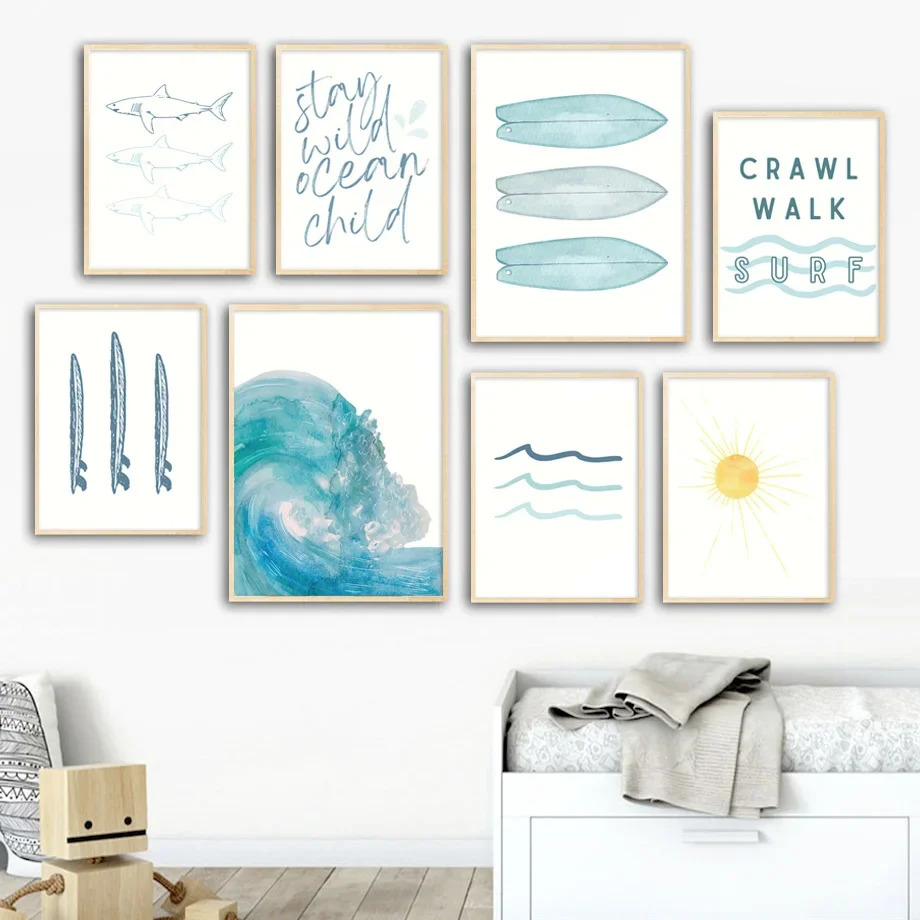 Shark Fish Waves Sun Sea Summer Surf Quote Wall Art Canvas Painting Nordic Posters And Prints Wall Pictures Baby Kids Room Decor