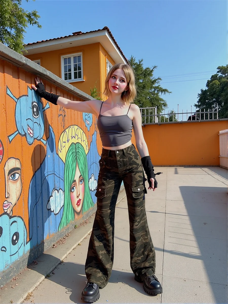 Jeans da pavimento skinny skinny mimetici da donna con gamba svasata pieghettata patchwork effetto consumato strappato a vita alta vestibilità ampia dritta