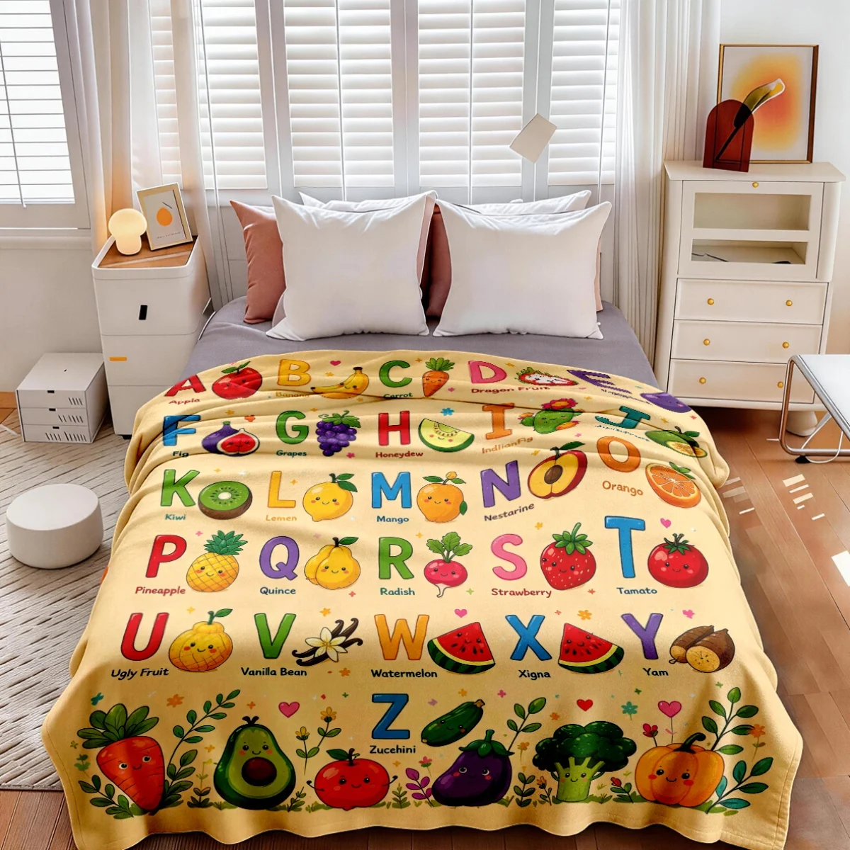 Alphabet Fruit Blanket Toddler Nursery Decor ABC Learning Kids Playroom Throw Blanket Gift