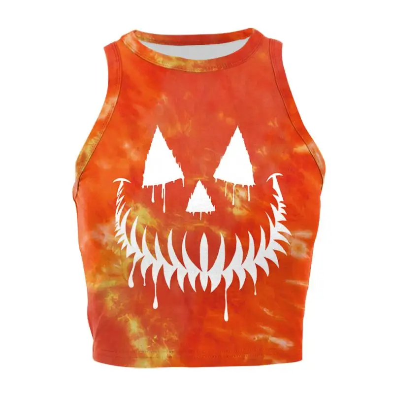 Nadanbao Damen-Crop-Top mit Geister-Kürbis-Print, kurze Weste mit Rosen-Totenkopf-Muster, sexy, schmales, ärmelloses Hemd, Halloween-Party-Top – Detail 7
