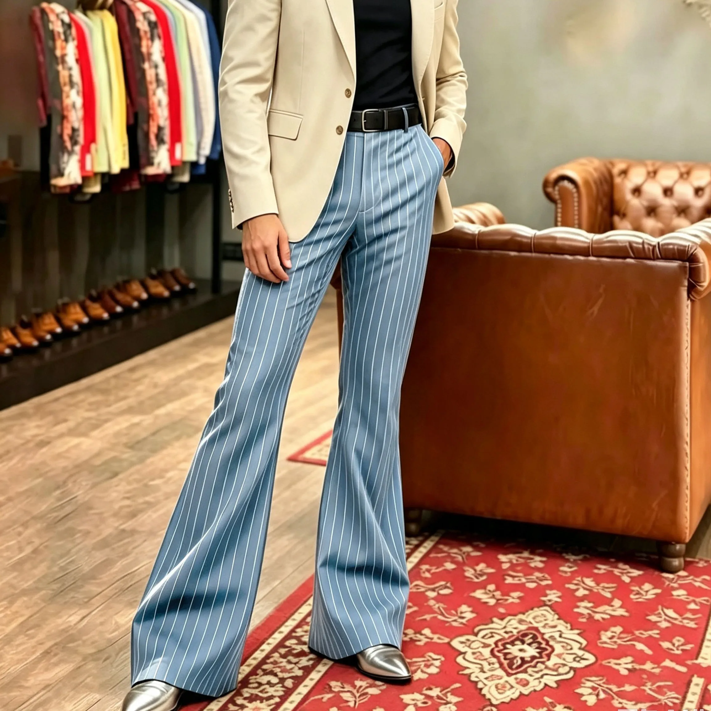 1970s Men's Pinstripe Flared Dress Pants Elastic High Waist Formal Bootcut Suit Trousers For Business Casual Date Night