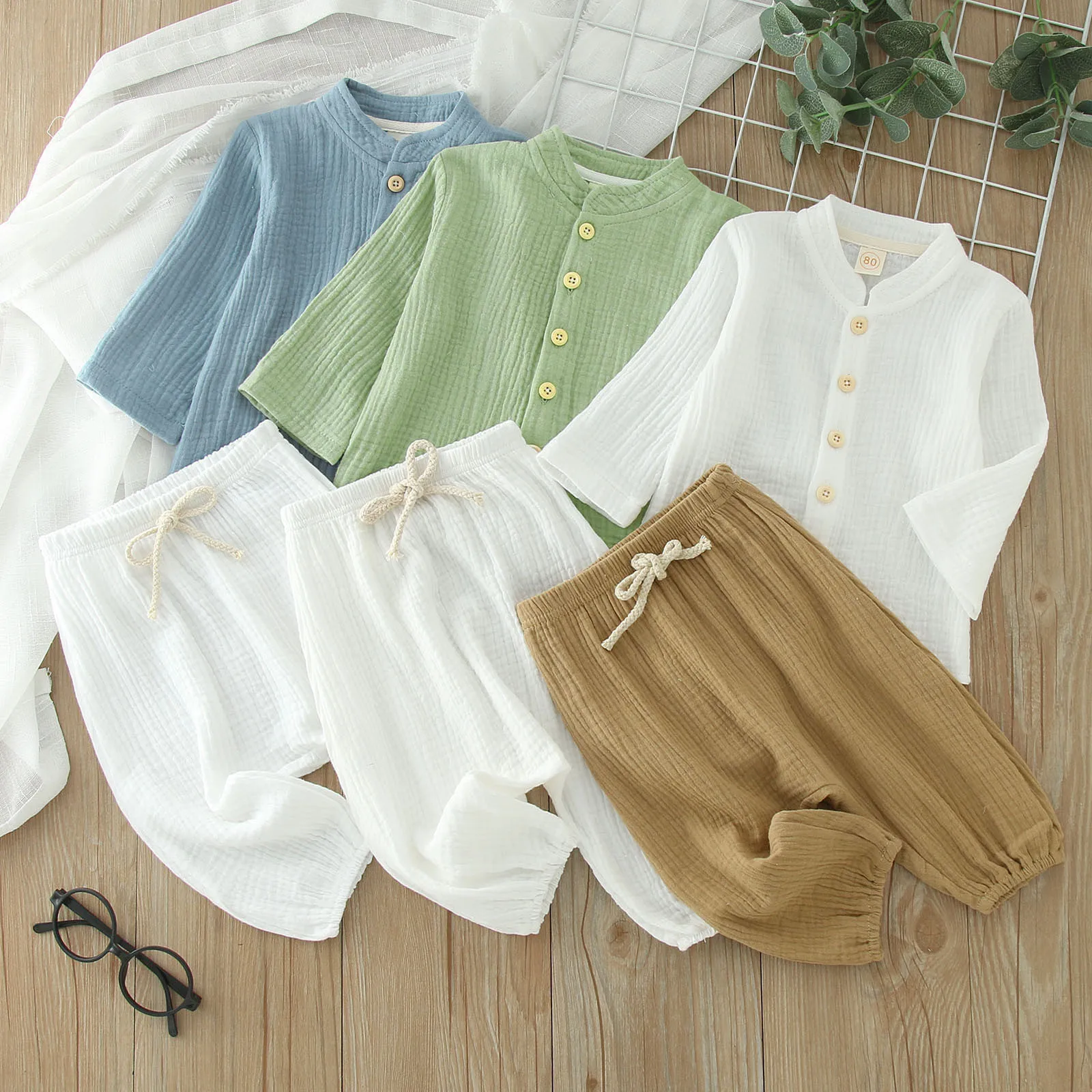 0-4Y Kids Boys Spring Fall Outfits Baby Solid Color Buttons Long Sleeve Shirts Tops + Elastic Waist Long Pants Boys Clothes Sets