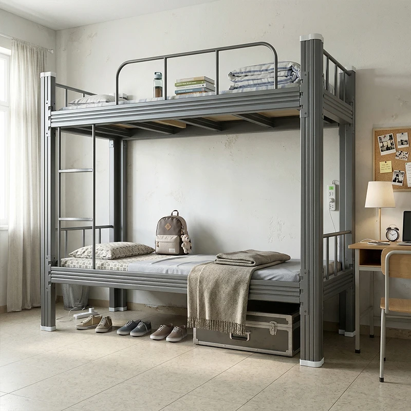 Durable Steel Loft Bunk Bed with Full Safety Guard Knock-Down Structure for Easy Assembly Steel Bed with Closed Profile Frame