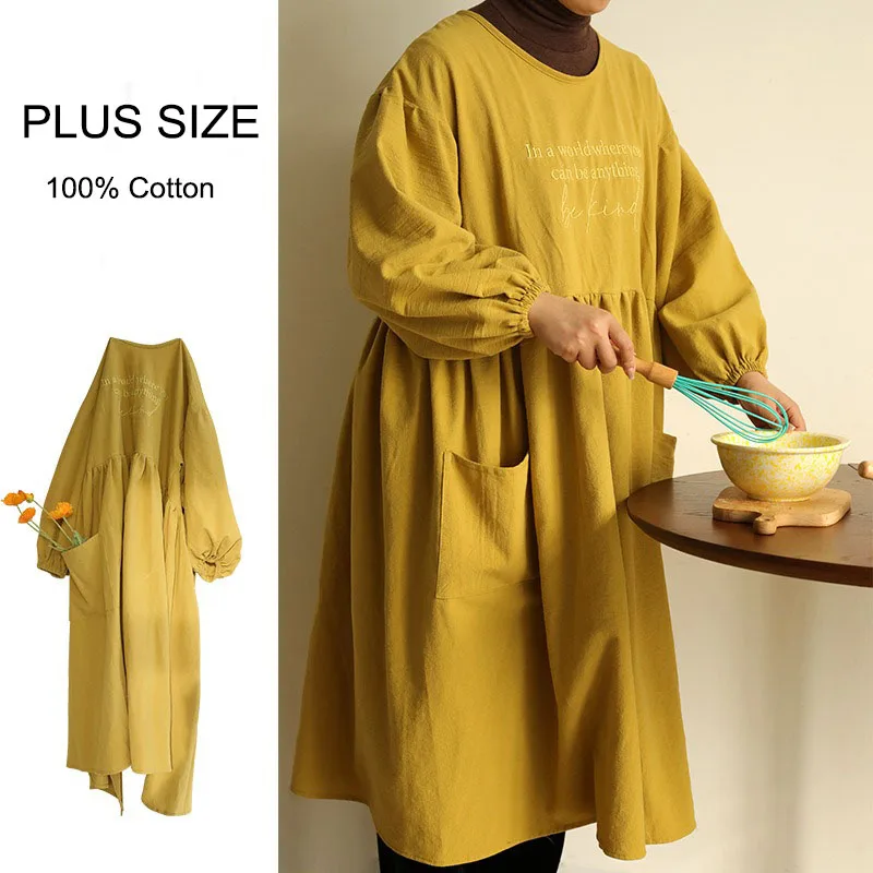 Plus Size Embroidered Cotton Apron Smock Long-sleeved Widened Women Kitchen Baking Cooking Baking Cleaning Aprons Work Wear