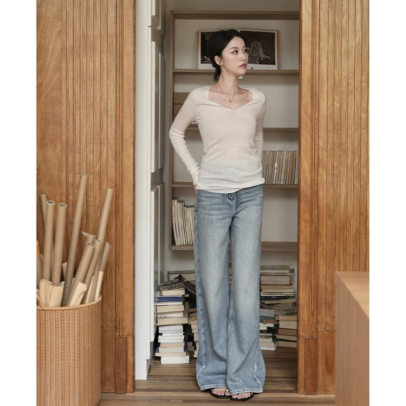 

Женский трикотажный топ SerioLudere Lazy Egg, двухцветный, с длинным рукавом, V-образным вырезом, универсальный базовый слой для осени