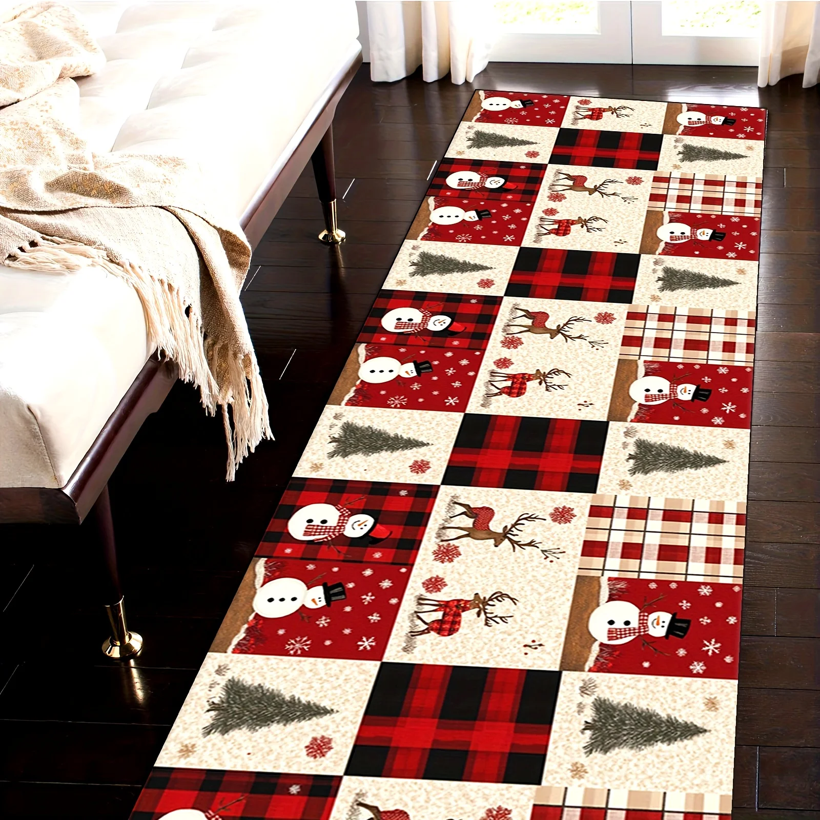 Christmas Snowman Reindeer Plaid Kitchen Mat Winter Xmas Tree Entrance Door Mat Balcony Hallway Bath Rugs Christmas Decorations