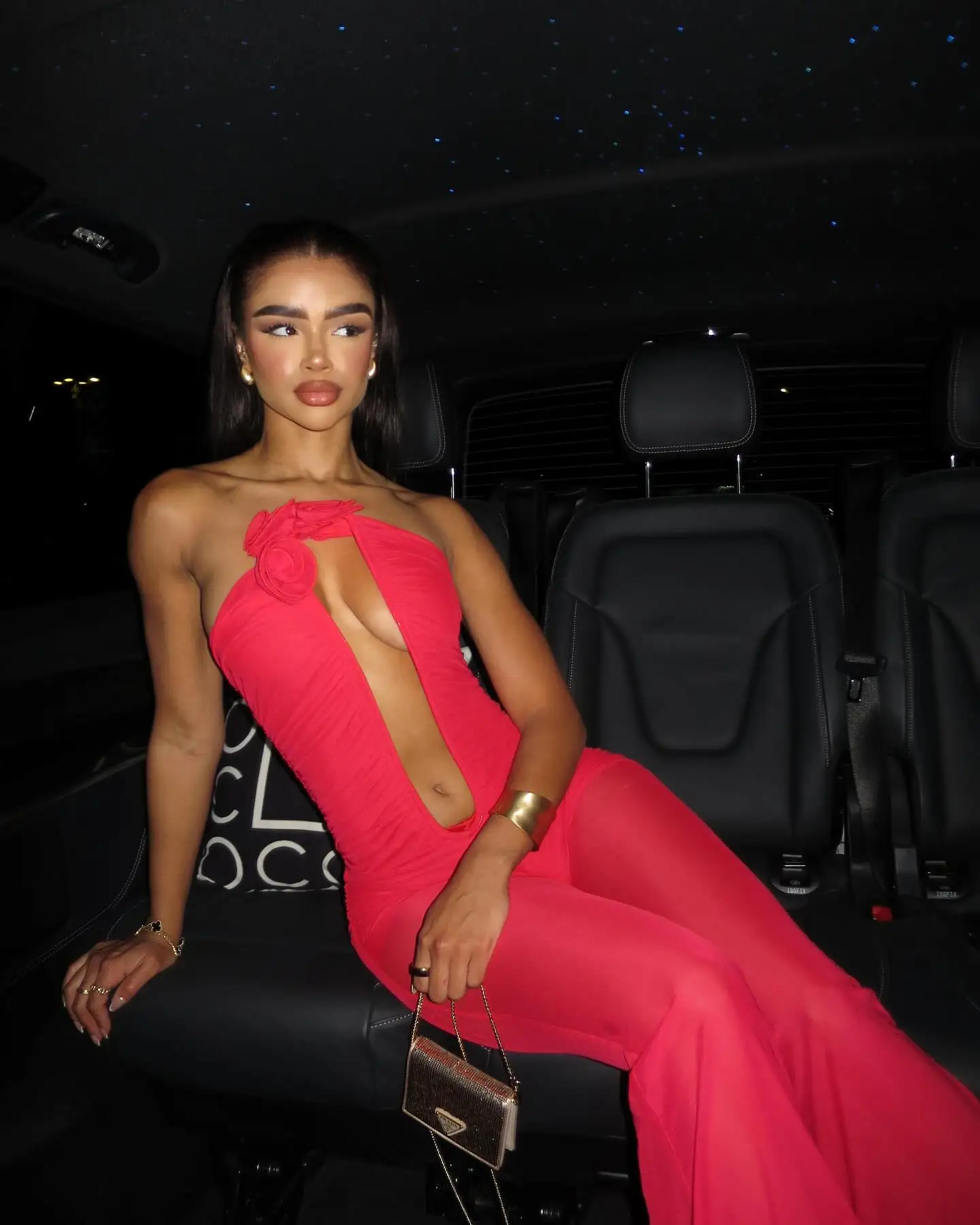 Red Khaki Color Women Sexy Strapless Mesh Florals Deep V-Neck Straight Long Jumpsuit Celebrate Nightclub Party Birthday Jumpsuit