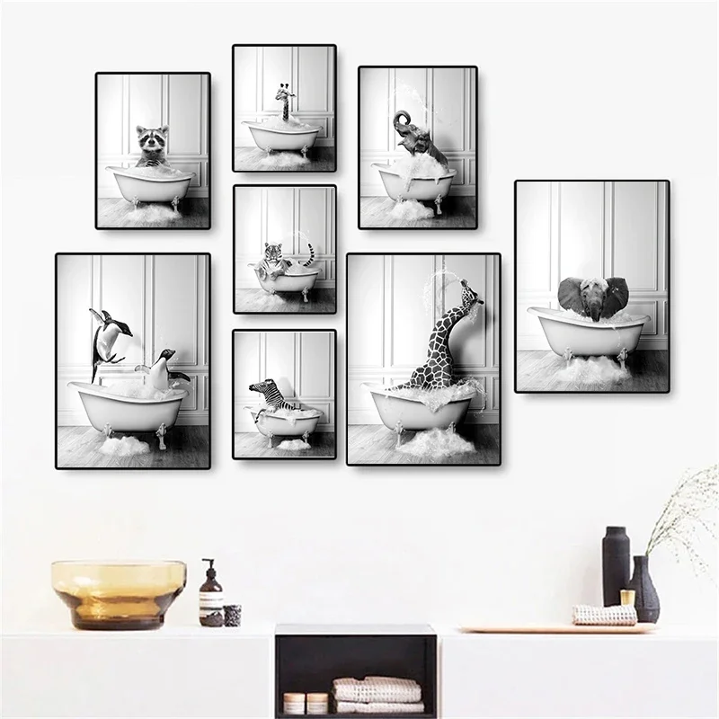 

New Arrival Black White Animals In Tub Bathroom Wall Art Canvas Painting Posters and Prints Wall Pictur for Room Decor One Piece
