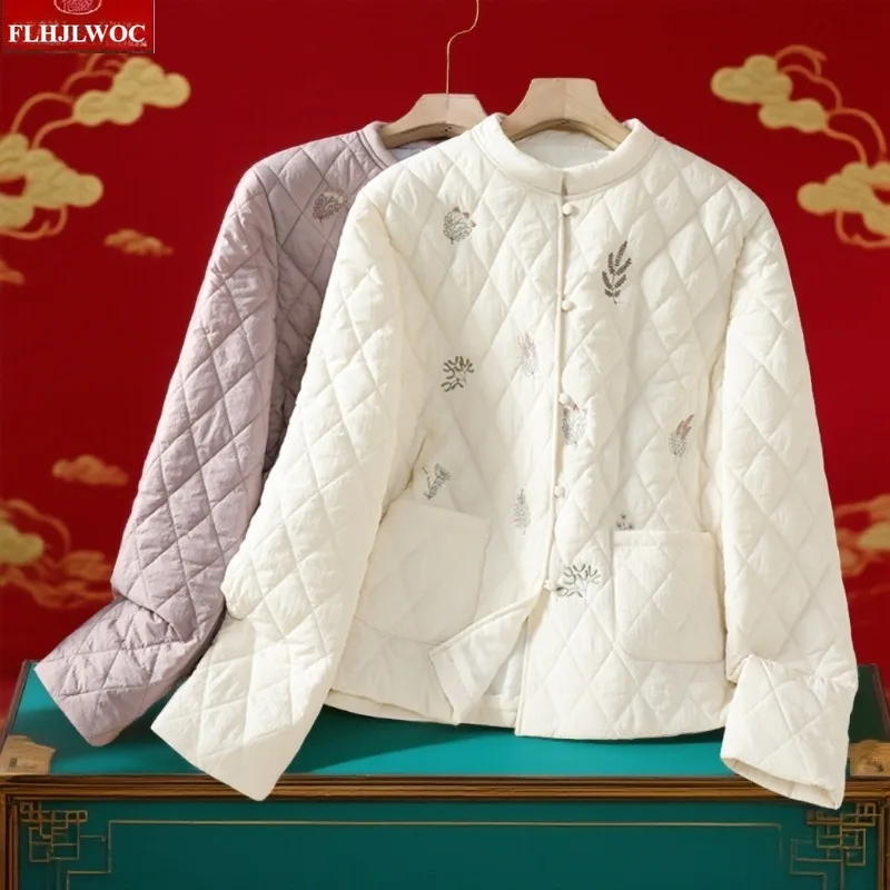 

Embroidery Cotton Coats Outerwear Cute Girls New Year Retro Vintage Floral Japan Style Women Stand Collar Knotted Buttons Parkas
