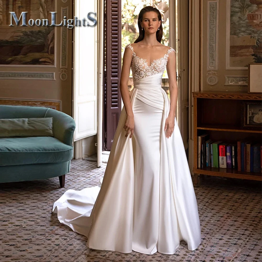 Moonlight Fancy O-neck Wedding Dresses for Women Detachable Train Lace  Appliques Vestidos De Novia Customized Drop Shipping - AliExpress 320