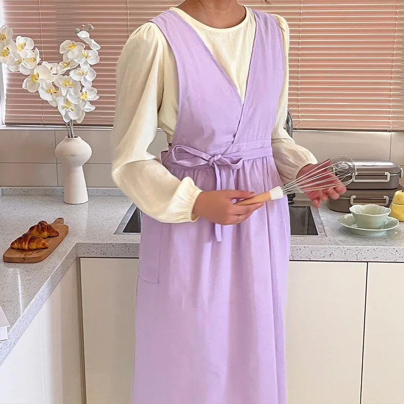 Long Cotton and Linen Apron with Water-Repellent Design for Woman' Home Cooking Flower Shop Nail Salon Anti Fouling Work Clothes