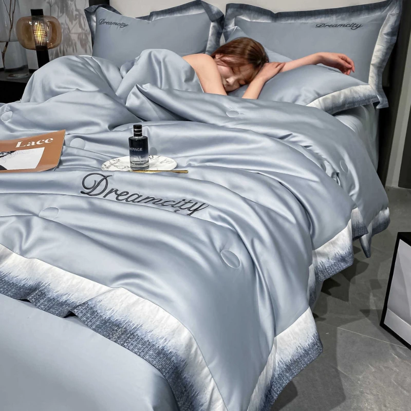 No Fading No Deformation Ice Silk Summer Quilt Single Piece Washable Thin Air Conditioner Quilt Core Bed Sheet Four Piece Set