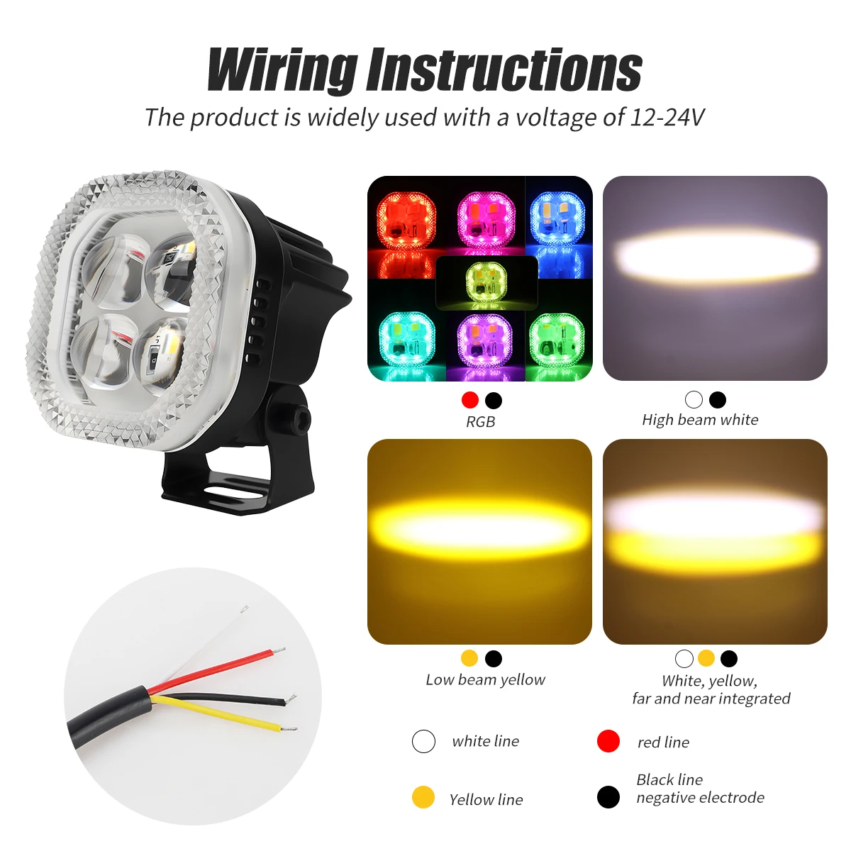 1/2PCS 4lens LED Spotlight RGB Aperture Auxiliary Headlight For Motorcycle White Yellow Flash Hi/Low Beam External Signal Lights