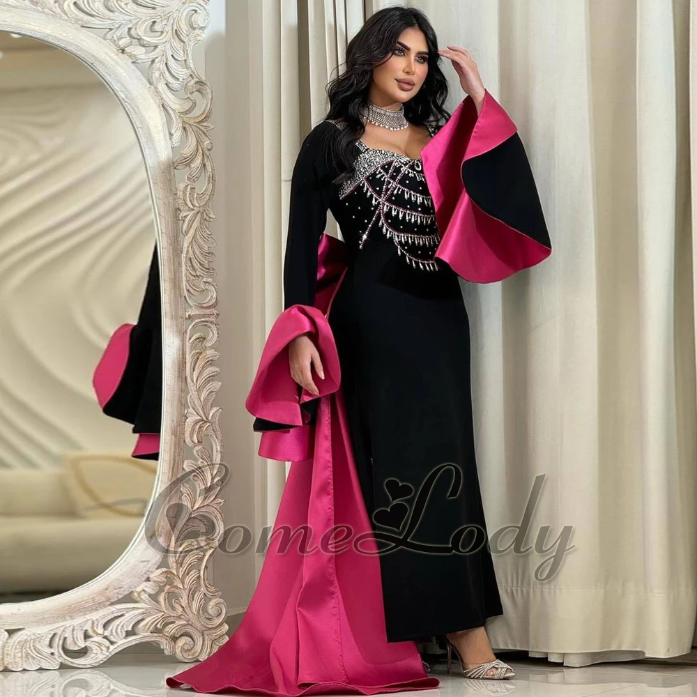 

Comelody Fashionable Formal Gown Scoop Neck Long Flare Sleeves Saudi Arabric Prom Dresses for Women with Bow Satin Rhinestone