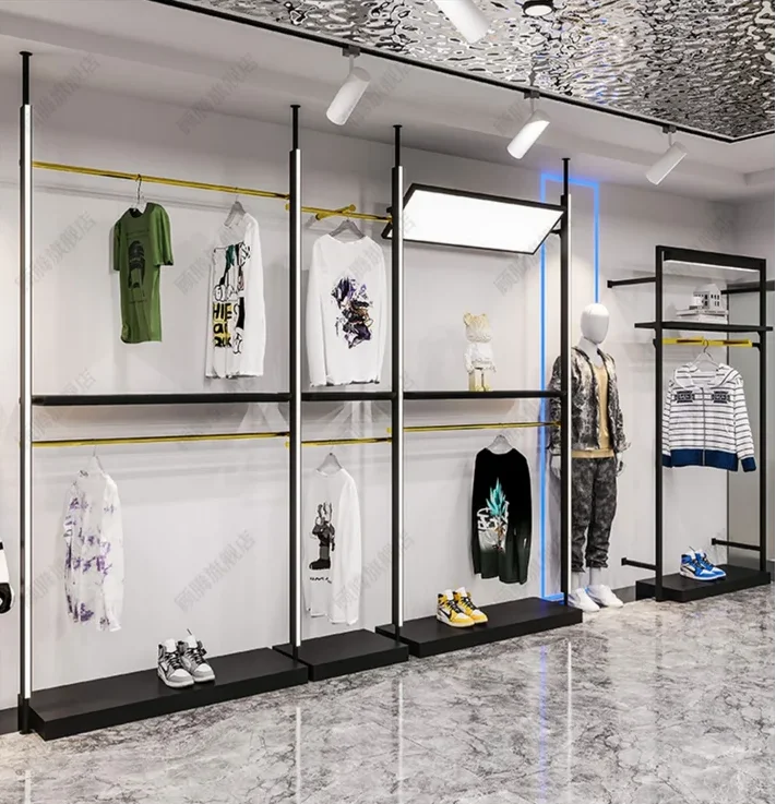 

Clothing store display frame Iron floor type display frame with LED light combination Women's clothing store hanging shelf