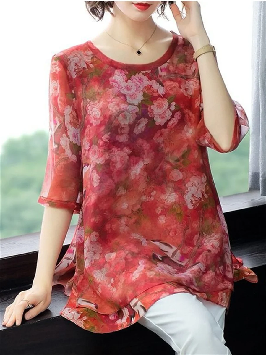 

5XL Loose Women Spring Summer Blouses Shirts Lady Fashion Casual Short Sleeve O-Neck Flower Printing Blusas Tops TT2154