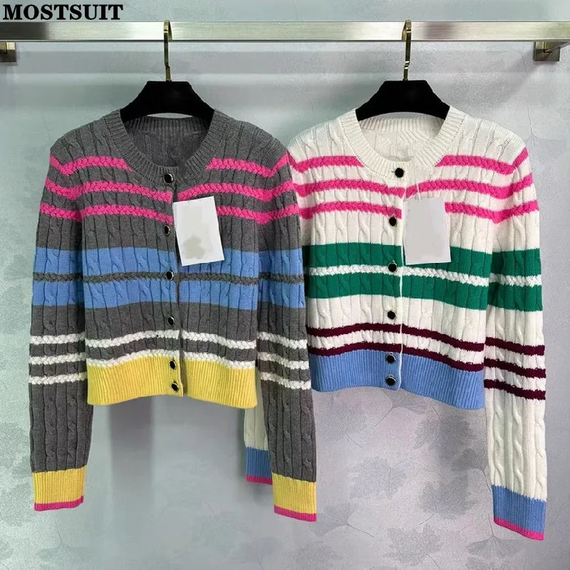 Multicolor Striped Sweater Cardigan Women Twisted Knit Stylish Fashion Vintage Ladies Knitwear Tops Long Sleeve Chic Jumper 2024