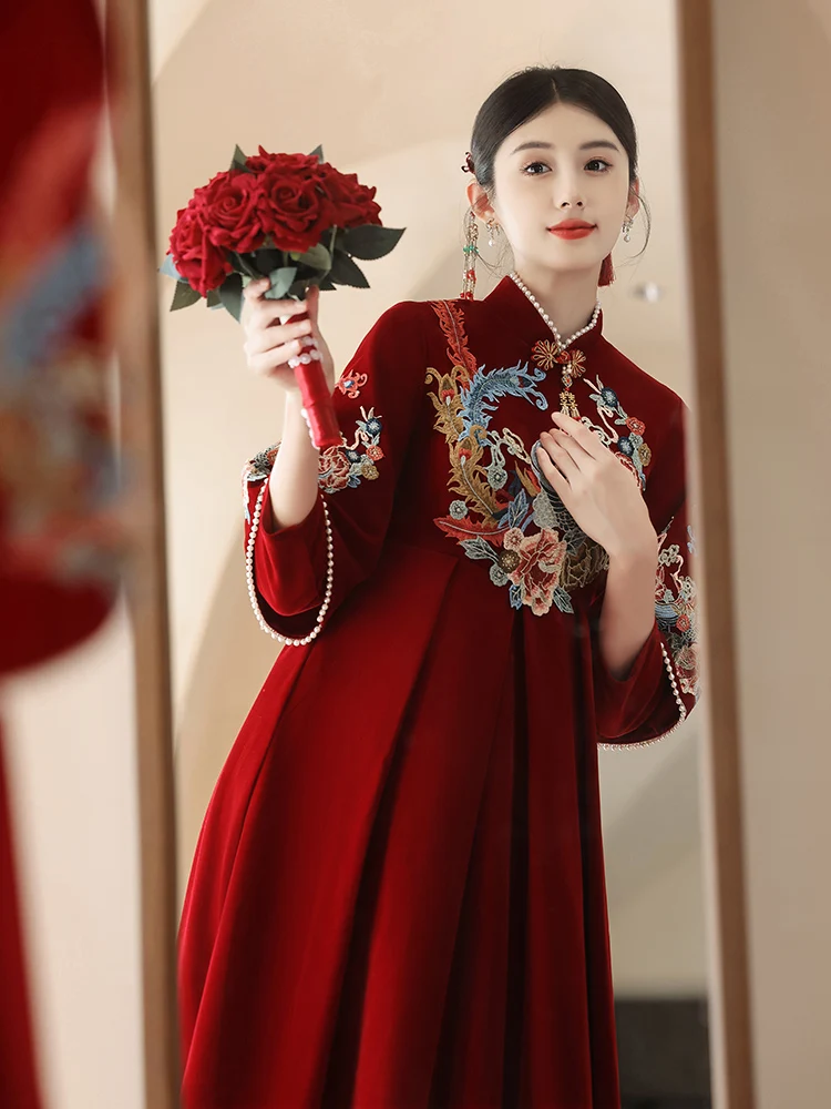 

Yourqipao красное платье в китайском стиле с длинными рукавами для беременных, одежда для подставок, новинка 2025, свадебное платье больших размеров для беременных