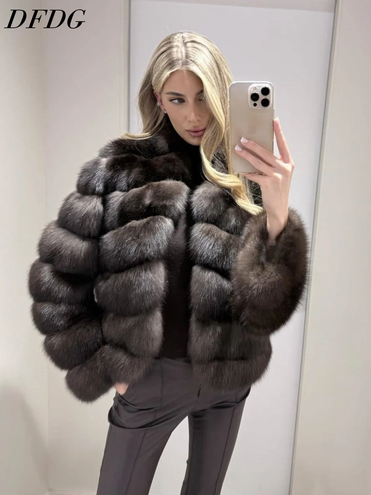 DFDG Women 2026 Striped Faux Fur Cropped Jacket Stand Collar Plush Thick Fluffy Luxury Party Winter Daily Street Outerwear Fur