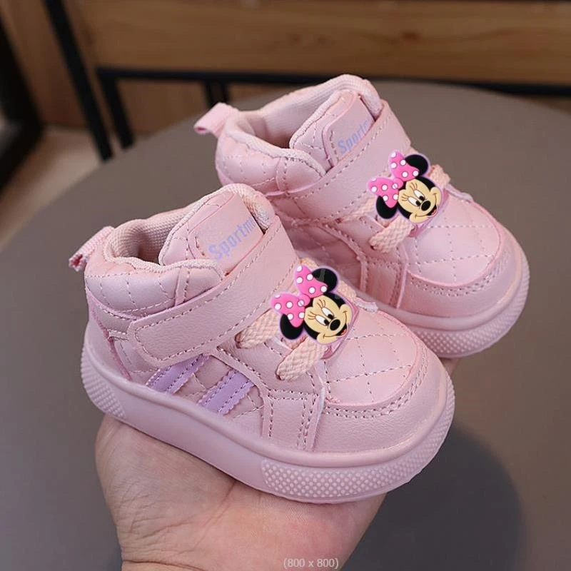 MINISO Mickey Minnie Fashion Kids Sneakers High Top Breathable Casual Shoes Girls Non-slip Boys Outdoors Toddler Board Shoes