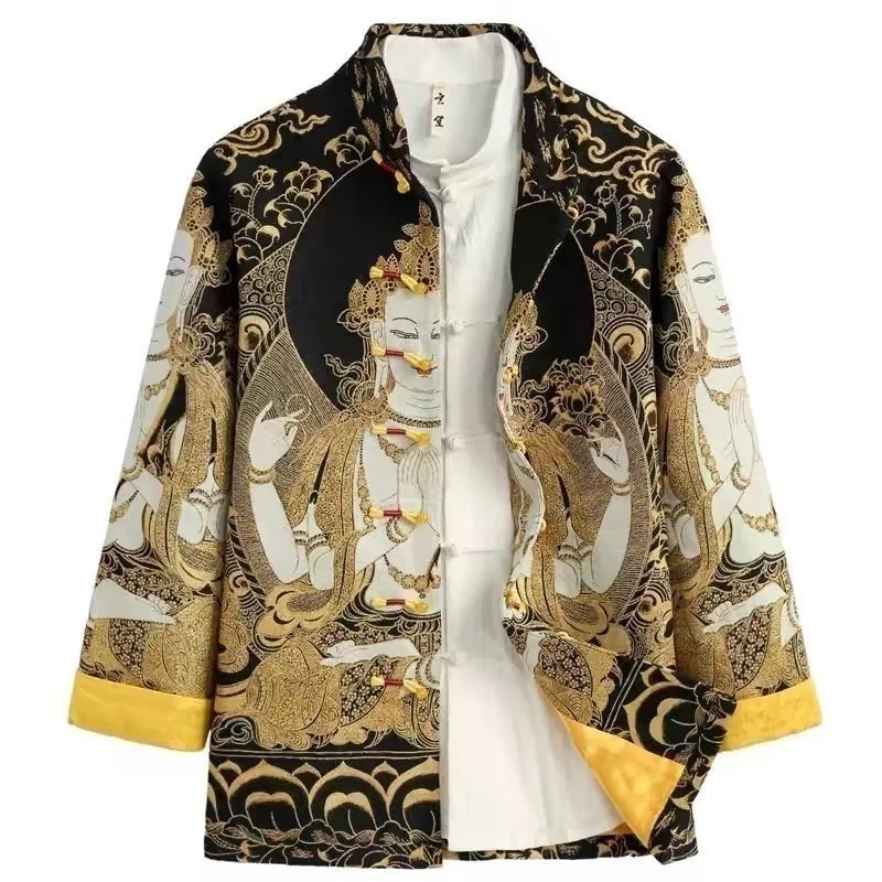 

New Product Chinese Tang Traditional Chinese Style Improved Printed Hand-buttoned Coat Retro Stand-up Collar Top Personality