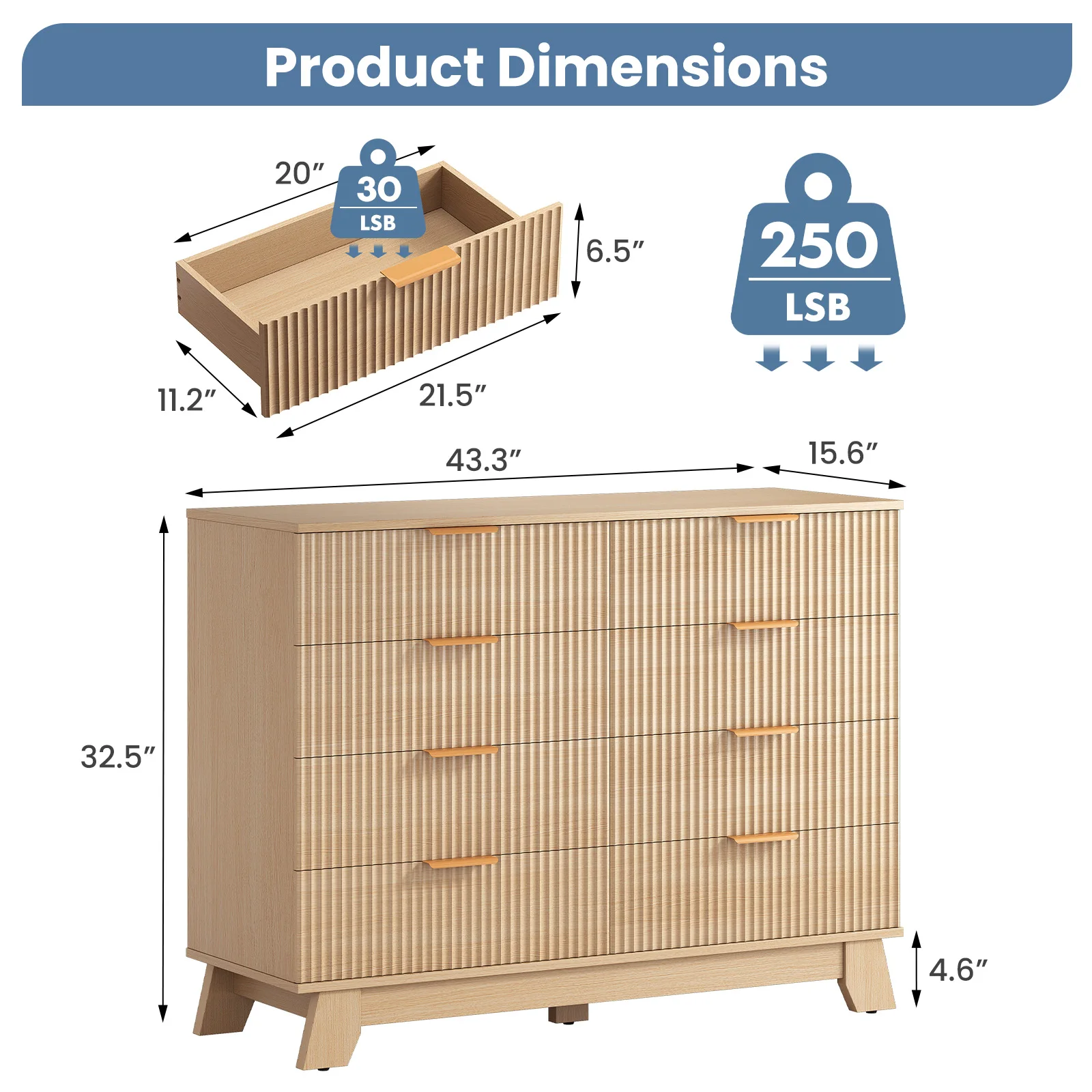 MCQ Grooved Wooden 8 Drawers Storage Cabinet 39.4