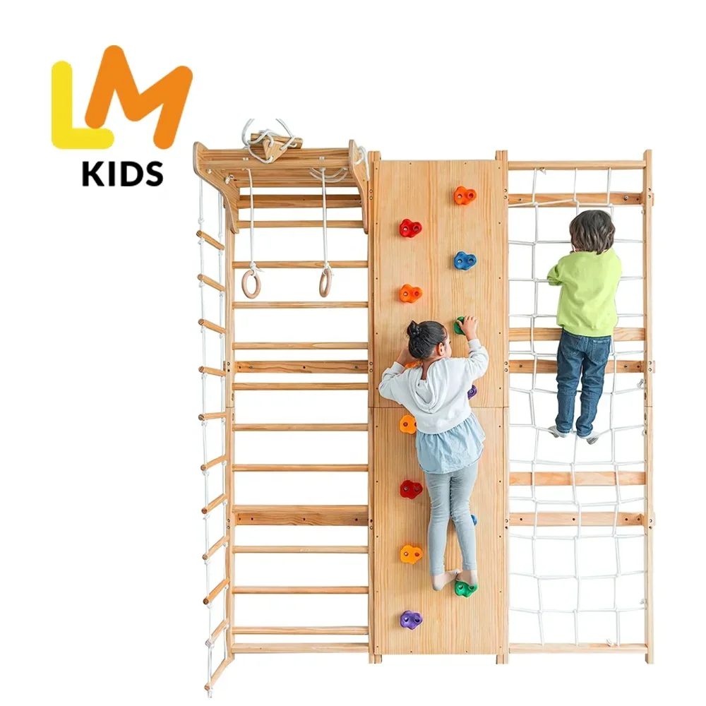 

LM KIDS Крытая игровая площадка Монтессори 9-в-1 Шведская детская лестница Настенный тренажерный зал с скалолазанием и штангами для подтягивания