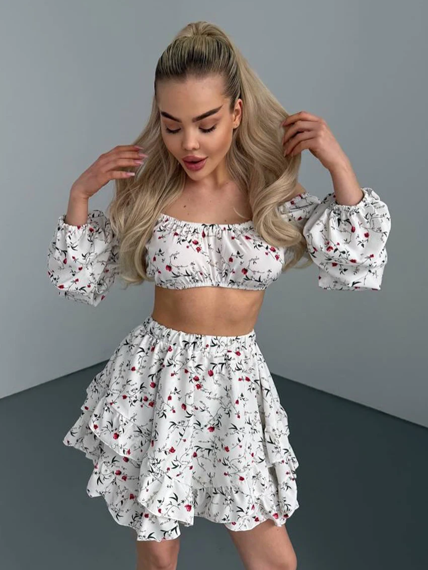 Marthaqiqi Printing Female Nightgowns Suit Long Sleeve Pajamas Slash Neck Nightie Crop Top Sleepwear Skirts Casual Nightwear Set