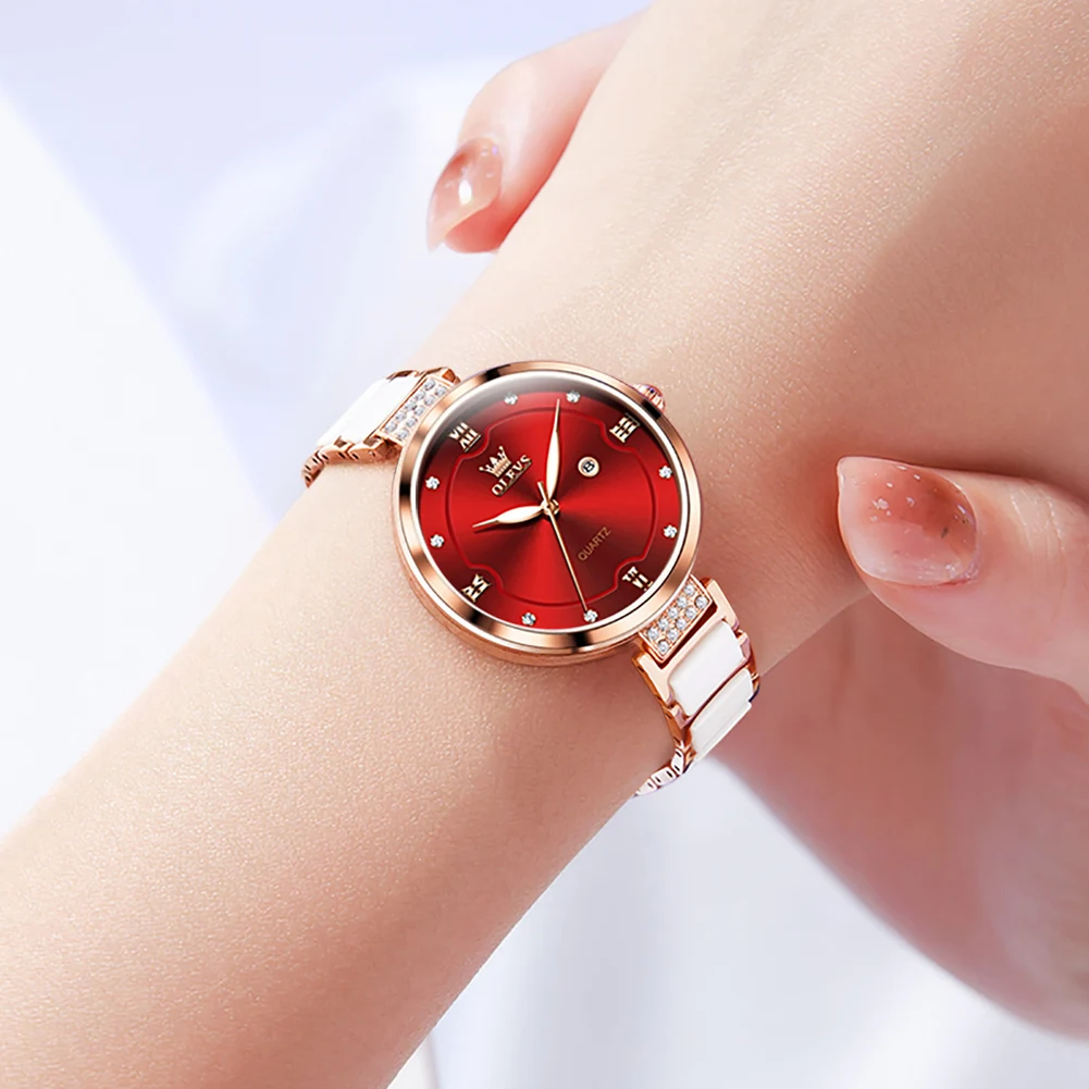OLEVS Top Brand Watch for Women Luxury Jewelry Design Rose Ceramics Quartz Wristwatches Waterproof Fashion Ladies Watches