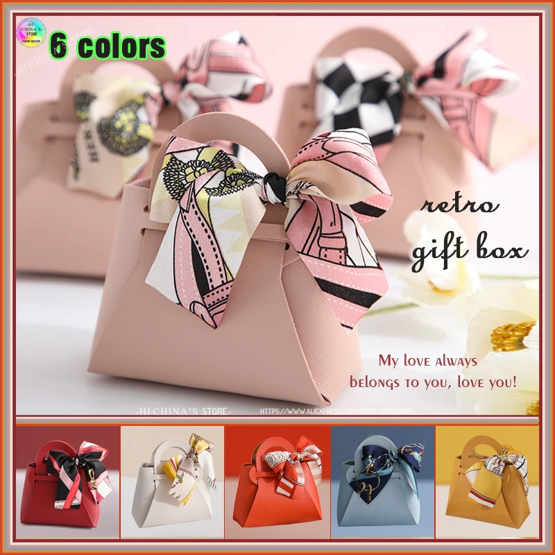 

50PCS Creative Leather Bag With Ribbon Wedding Favors Candy Boxes For Birthday Party Supplies Package Easy Assemble Gift Bags