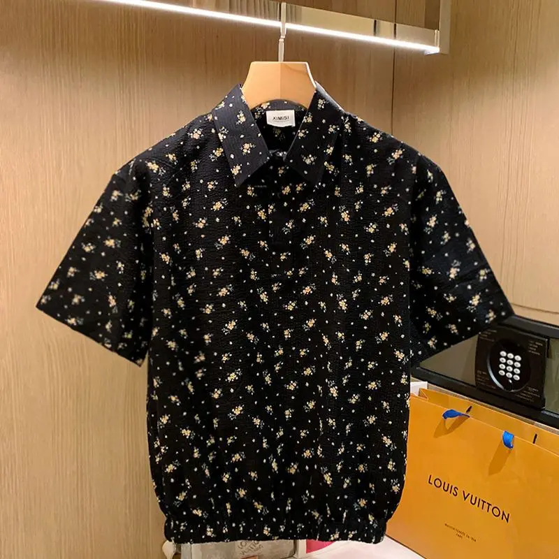 

2024 Summer New Boyfriend Patchwork Square Collar Button Printed Fashion Slim Minimalist Casual Versatile Short Sleeve Shirt