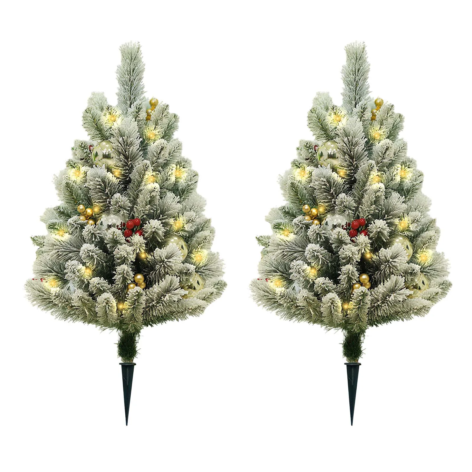 Zestaw 2 sztuk podświetlanych, odkrytych choinek w kształcie ołówka, 75 cm/29,5 cala, sztuczne choinki z białego, zaśnieżonego PVC z ciepłymi białymi światłami LED, czerwonymi jagodami i złotymi — 2