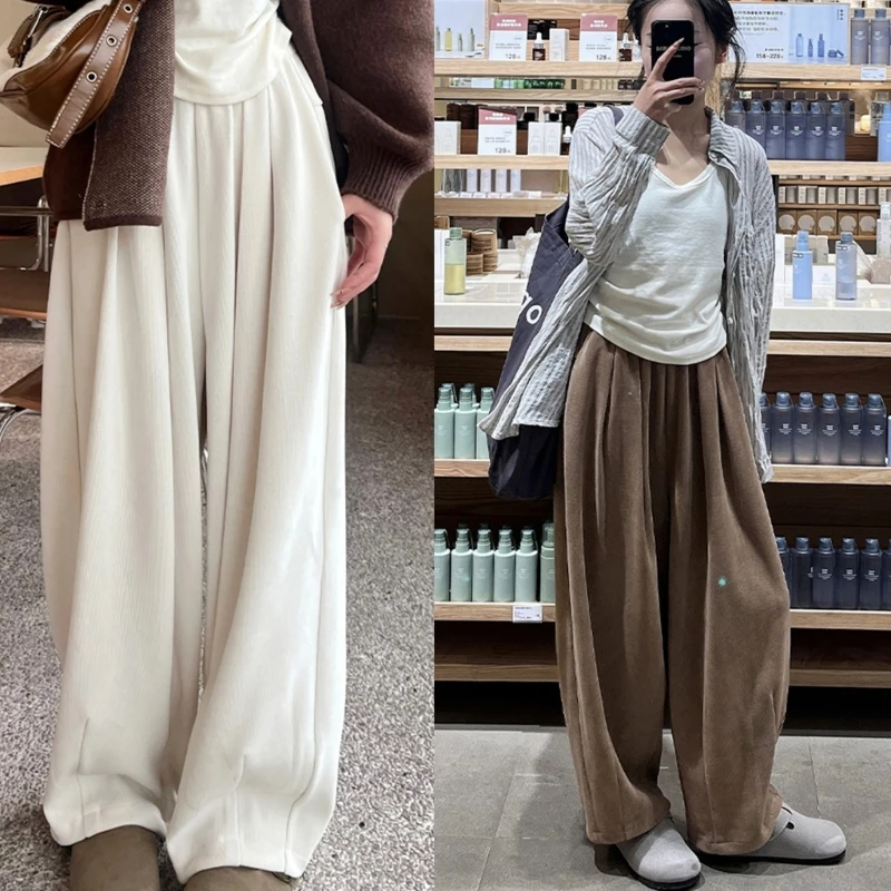 

Women Elastic High Waist Wide Leg Sweatpants Casual Loose Long Pants Ribbed Solid Color Trousers with Pockets