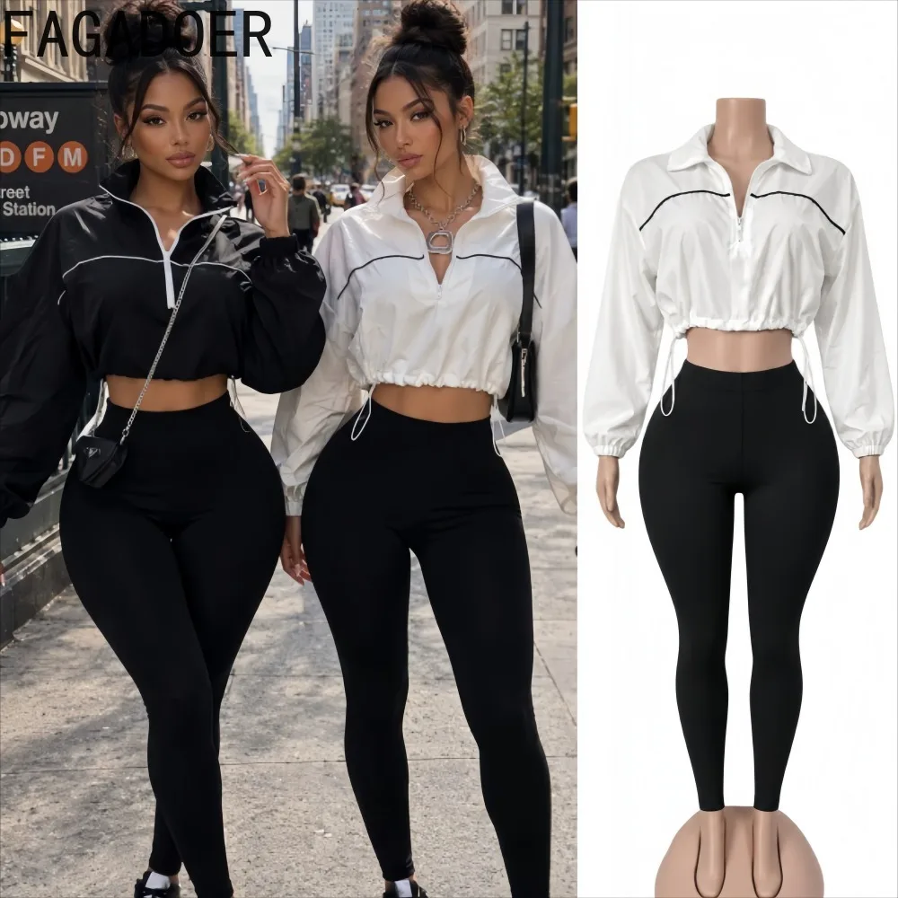 FAGADOER Women 2 Piece Tracksuit Half Zip Cropped Windbreaker Jacket High Waist Leggings Sporty Casual Streetwear Matching Set
