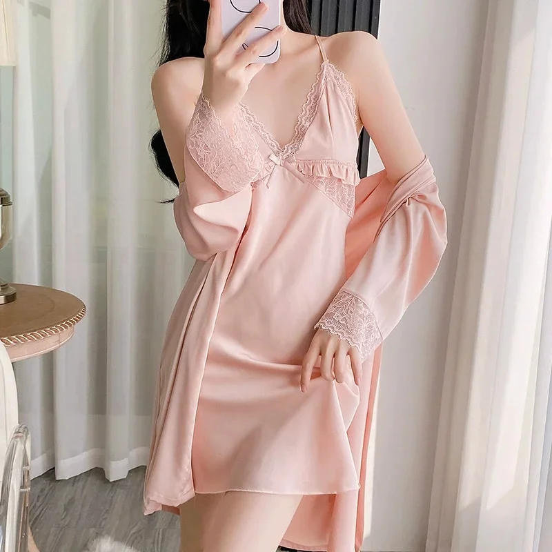

Женский комплект-двойной халат, интимное белье, сексуальное кружевное ночное белье на тонких бретельках с открытой спиной, одежда для сна, весна-лето, атласная домашняя одежда