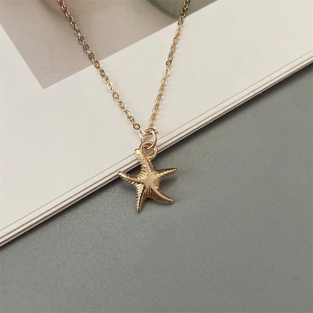 Golden Color Starfish Shell Conch Pendant Necklace Link Chain Gift Neck Jewelry Gift for Beach See Necklace image 4