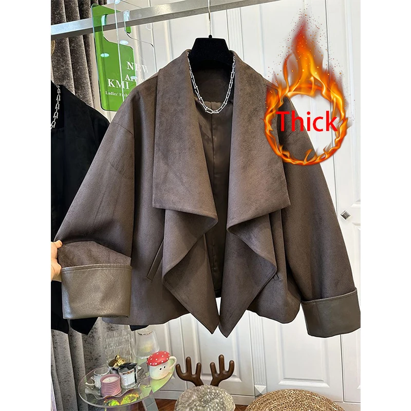 

Vintage Suede Jacket Women Harajuku Streetwear Black Quilted Coats Autumn Winter Korean Long Sleeve Casual Design Outerwears New