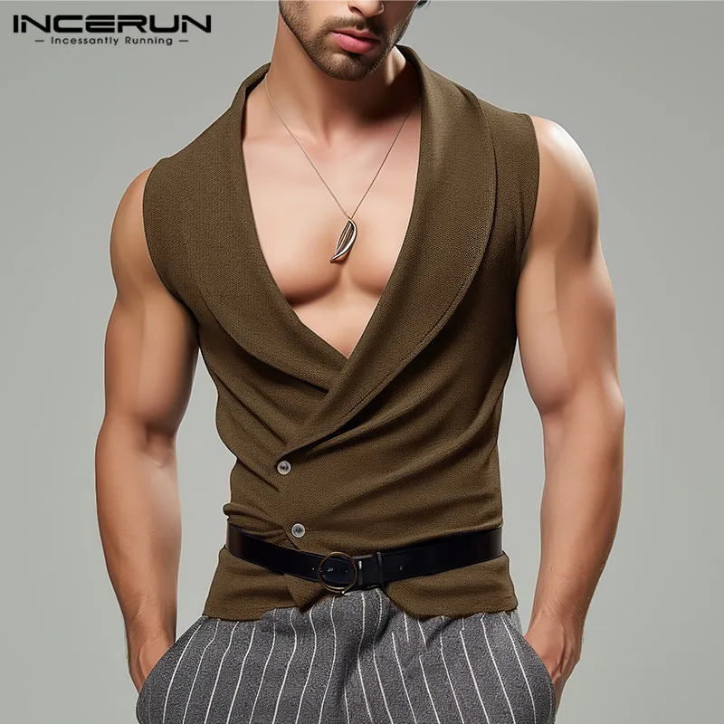 

INCERUN Men Vests Solid Color Lapel Sleeveless Button Casual Male Waistcoats Streetwear 2024 Fitness Fashion Leisure Vests S-5XL