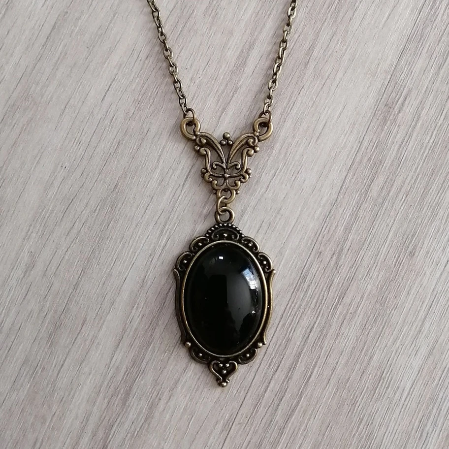 Necklace, bronze, pendant, locket, stone, onyx, cameo, black, goth, gothic, romantic, victorian