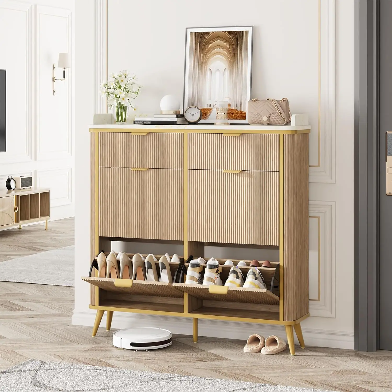 Fluted Shoe Cabinet 4 Flip & 2 Drawers Hidden Organizer Adjustable Shelves Wood Narrow Rack Entryway Hallway Oak, Customized
