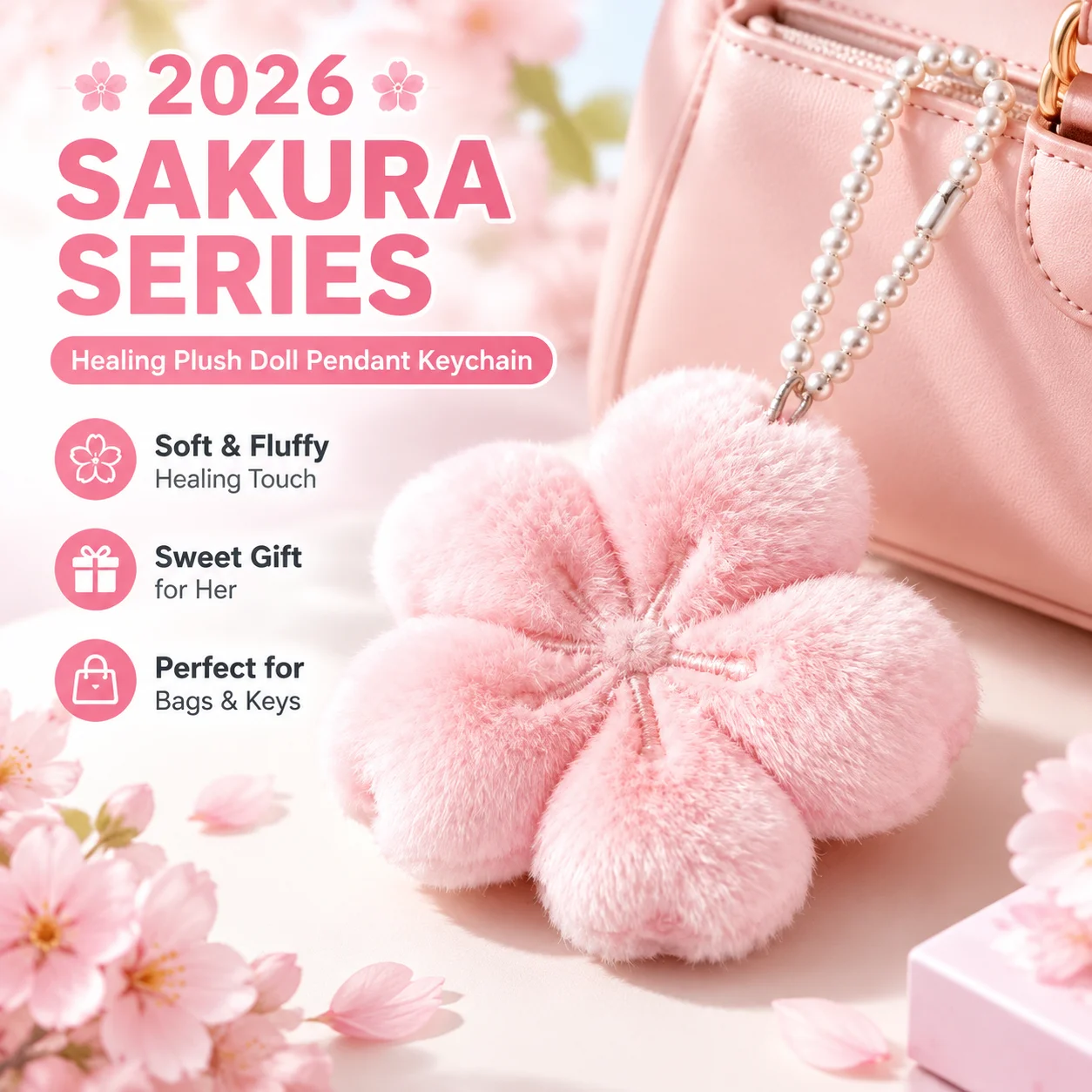 2026 Sakura Series Healing Plush Doll Pendant Keychain with Pearl Chain Cherry Blossom Bag Charm Cute Gift for Girlfriend