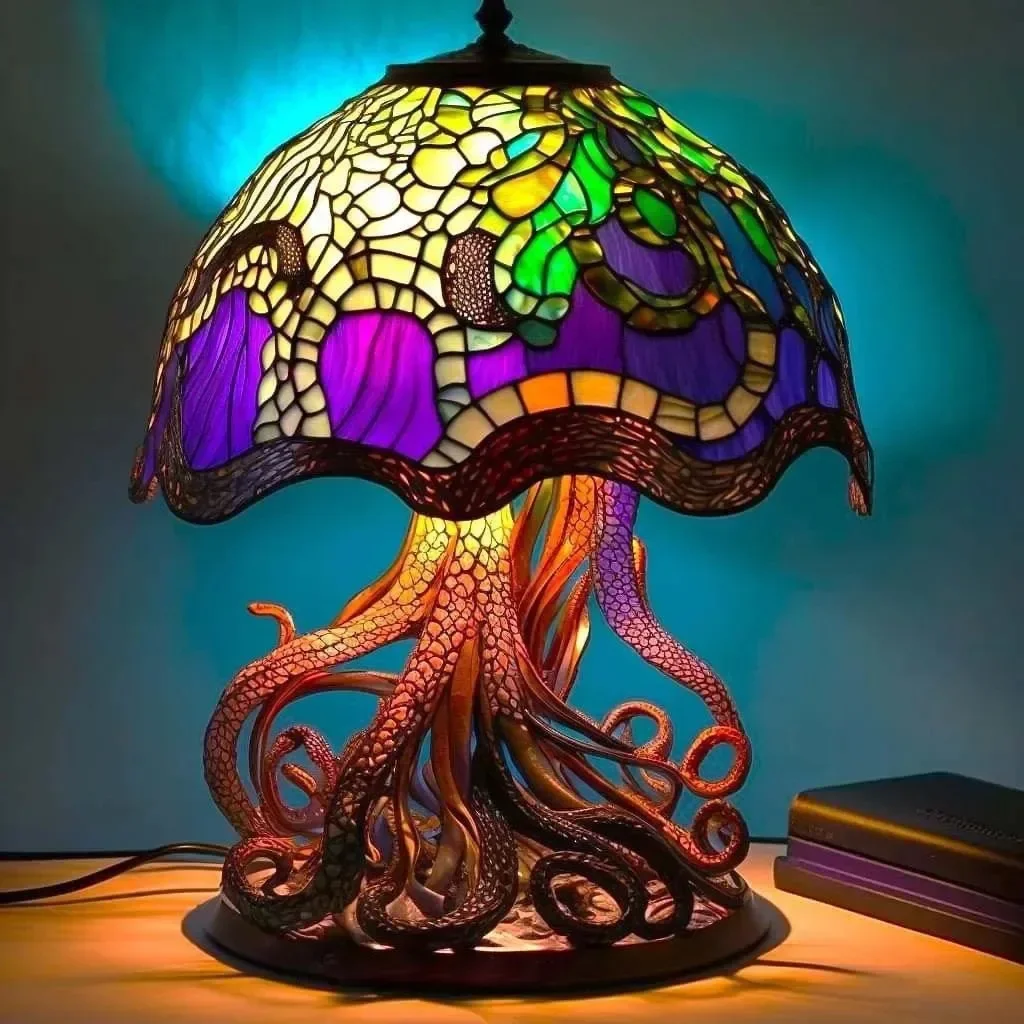 Stained Glass Plant Series Mushroom Snail Octopus Night Light Table Lamp Resin Statue Model Figure desktop Home decor Ornament