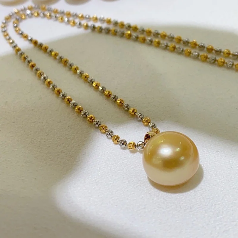 

SGARIT 925 Silver Inlay Pearl Necklace Pendant Tea Gold 12-13mm Natural South Sea Golden Pearl Pendant for Women Fine Jewelry